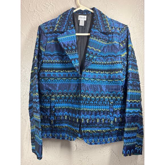 Chico's Womens Embellished Sequin Beaded Blue Jacket Blazer Size 1 M/8 NWOT - Picture 1 of 6